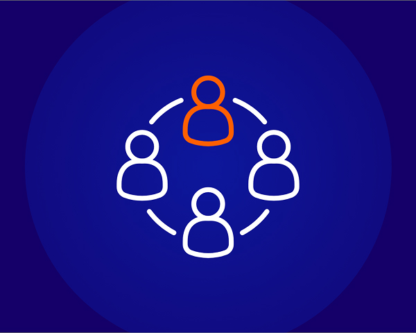 line icon of a circle of 4 people, one person highlighted. Icon shown on circular blue background